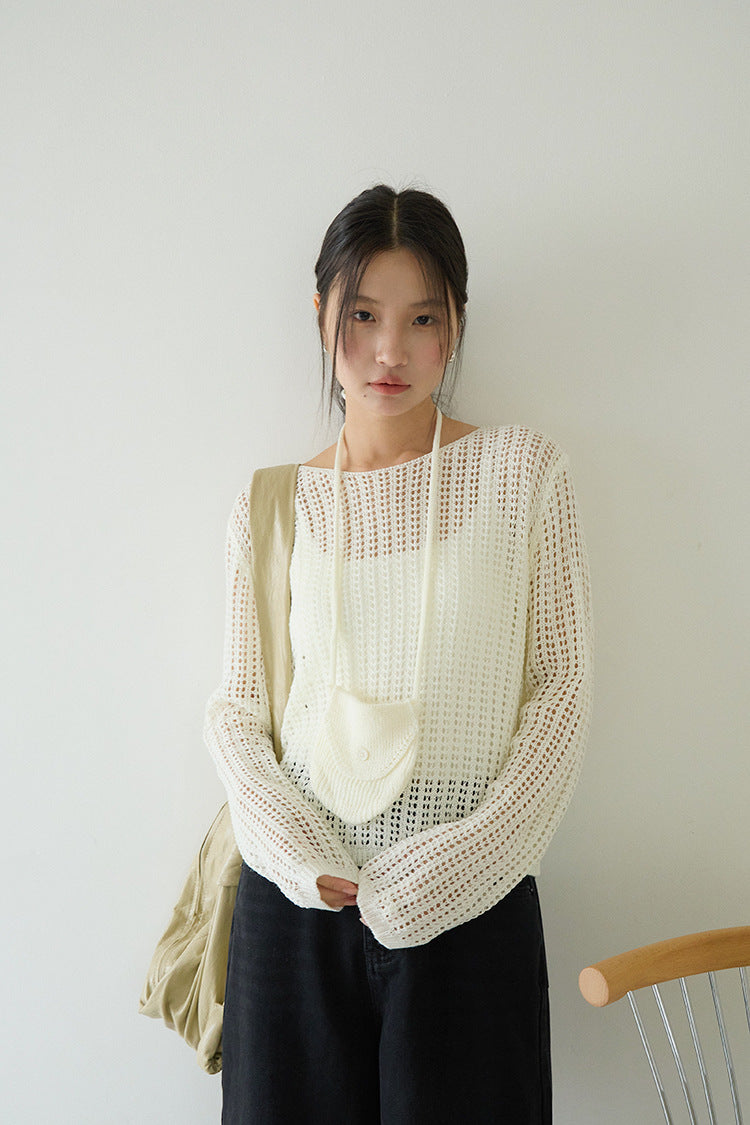 Airy Open-Knit Long-Sleeve Pullover with Knit Mini Pouch (no singlet)
