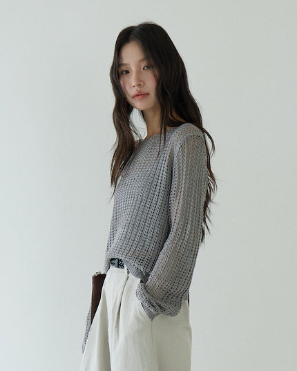 Airy Open-Knit Long-Sleeve Pullover with Knit Mini Pouch (no singlet)