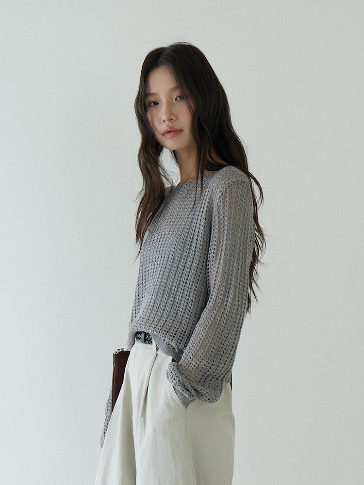 Airy Open-Knit Long-Sleeve Pullover with Knit Mini Pouch (no singlet)