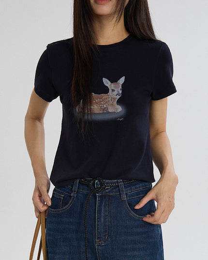 Deer Print Regular-Shoulder Slimming Short-Sleeve Tee