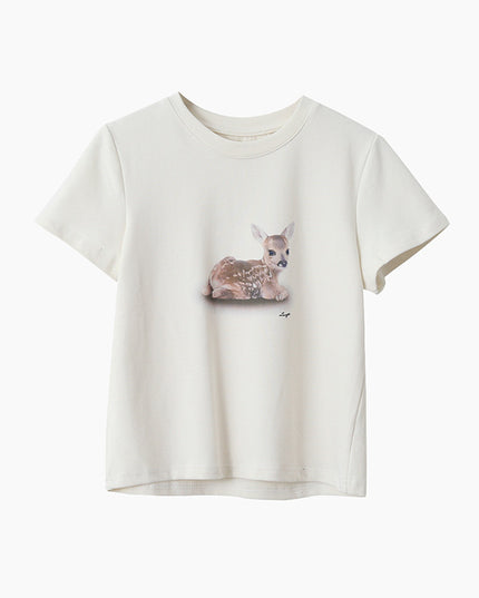 Deer Print Regular-Shoulder Slimming Short-Sleeve Tee