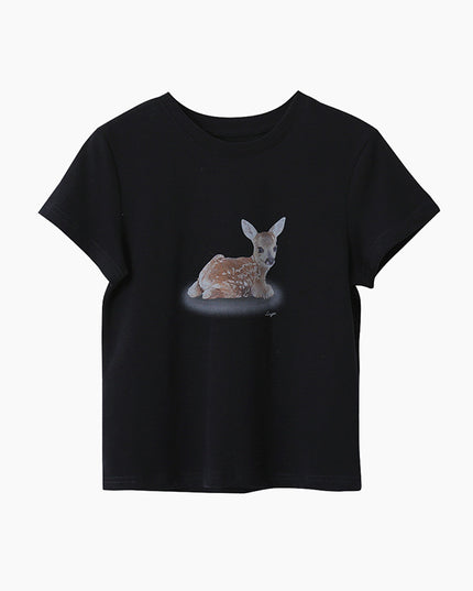 Deer Print Regular-Shoulder Slimming Short-Sleeve Tee