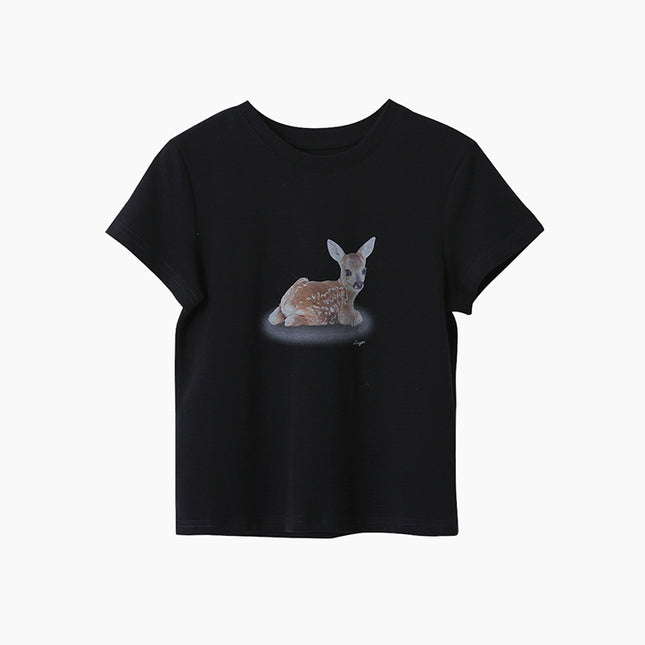 Deer Print Regular-Shoulder Slimming Short-Sleeve Tee