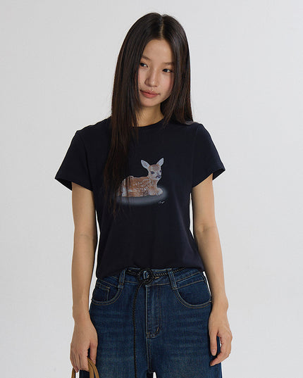 Deer Print Regular-Shoulder Slimming Short-Sleeve Tee