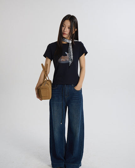 Deer Print Regular-Shoulder Slimming Short-Sleeve Tee