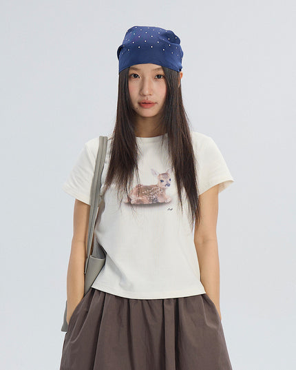 Deer Print Regular-Shoulder Slimming Short-Sleeve Tee