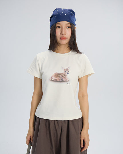 Deer Print Regular-Shoulder Slimming Short-Sleeve Tee