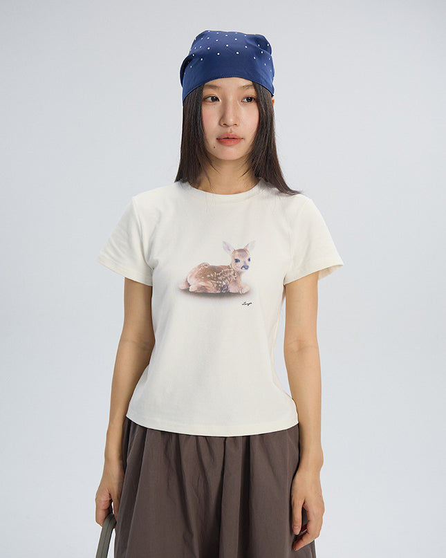 Deer Print Regular-Shoulder Slimming Short-Sleeve Tee