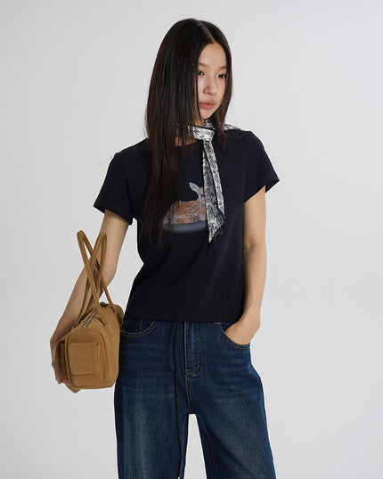 Deer Print Regular-Shoulder Slimming Short-Sleeve Tee