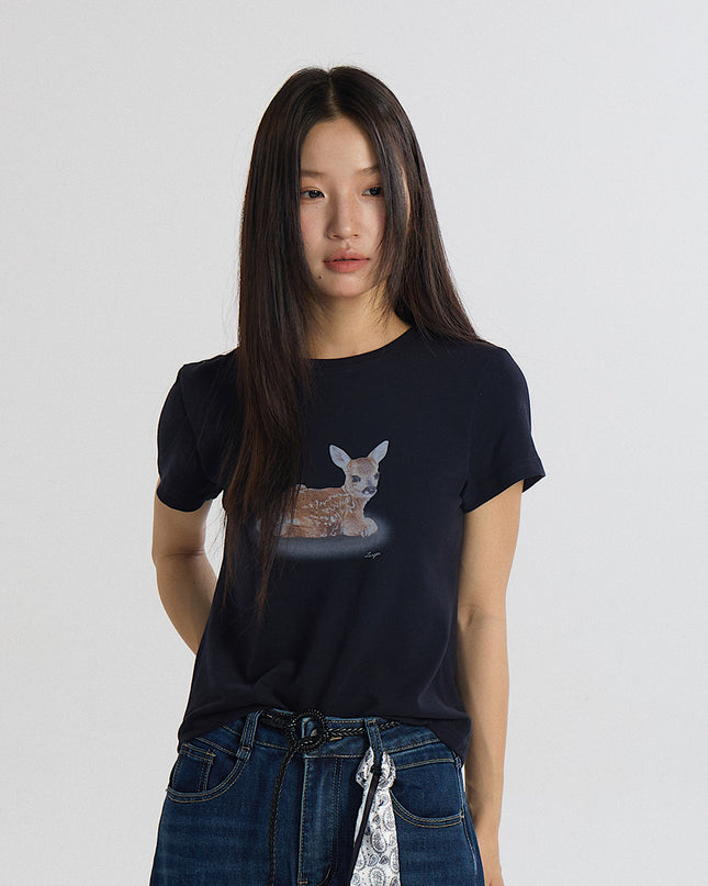 Deer Print Regular-Shoulder Slimming Short-Sleeve Tee