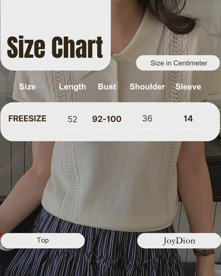 Korean Polo-Collar Cable-Texture Knit Short-Sleeve Top