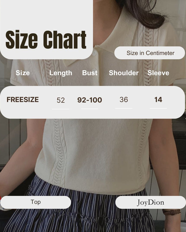 Korean Polo-Collar Cable-Texture Knit Short-Sleeve Top