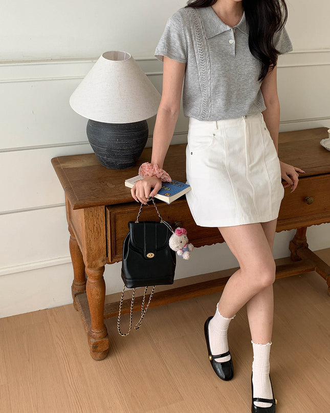Korean Polo-Collar Cable-Texture Knit Short-Sleeve Top