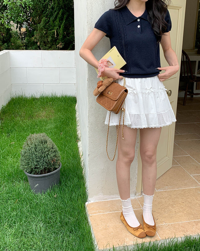 Korean Polo-Collar Cable-Texture Knit Short-Sleeve Top