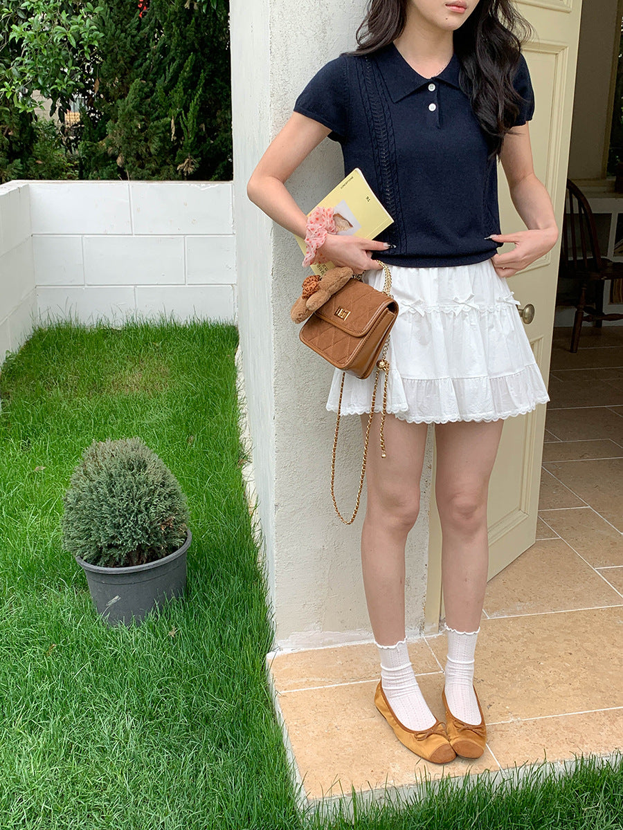 Korean Polo-Collar Cable-Texture Knit Short-Sleeve Top