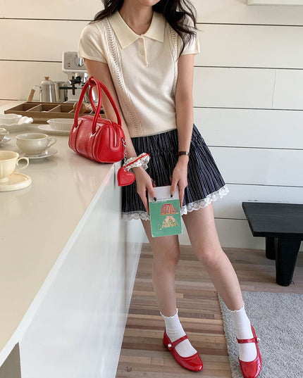 Korean Polo-Collar Cable-Texture Knit Short-Sleeve Top
