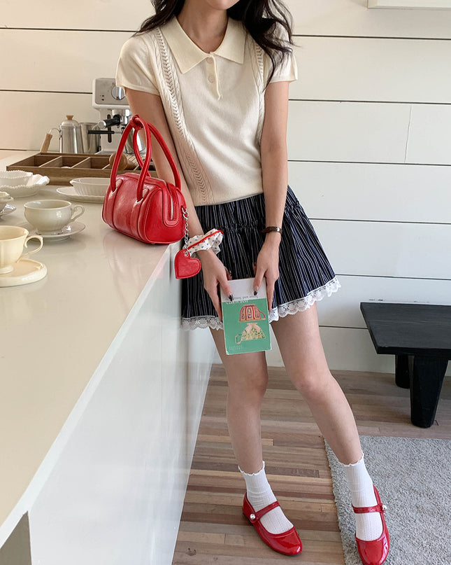 Korean Polo-Collar Cable-Texture Knit Short-Sleeve Top