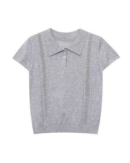 Korean Polo-Collar Cable-Texture Knit Short-Sleeve Top