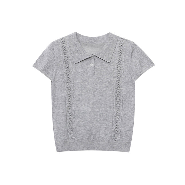 Korean Polo-Collar Cable-Texture Knit Short-Sleeve Top