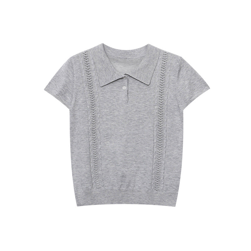 Korean Polo-Collar Cable-Texture Knit Short-Sleeve Top