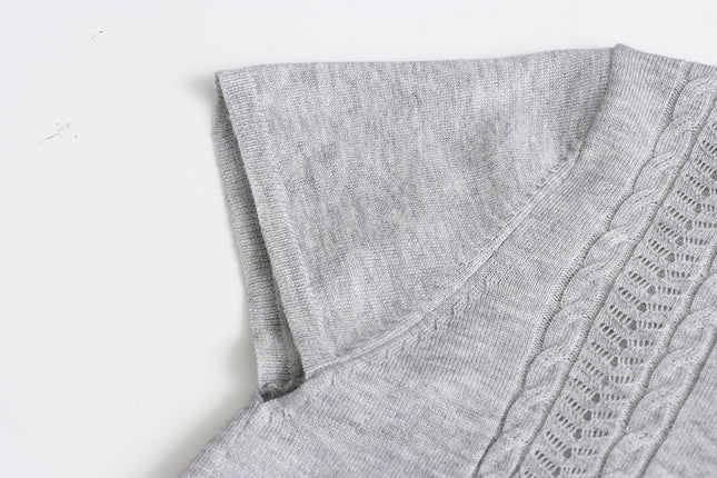 Korean Polo-Collar Cable-Texture Knit Short-Sleeve Top