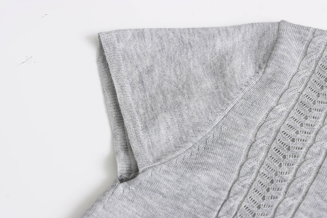 Korean Polo-Collar Cable-Texture Knit Short-Sleeve Top