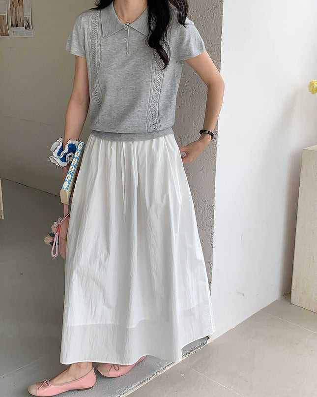 Korean Polo-Collar Cable-Texture Knit Short-Sleeve Top