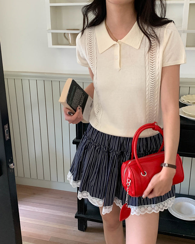Korean Polo-Collar Cable-Texture Knit Short-Sleeve Top