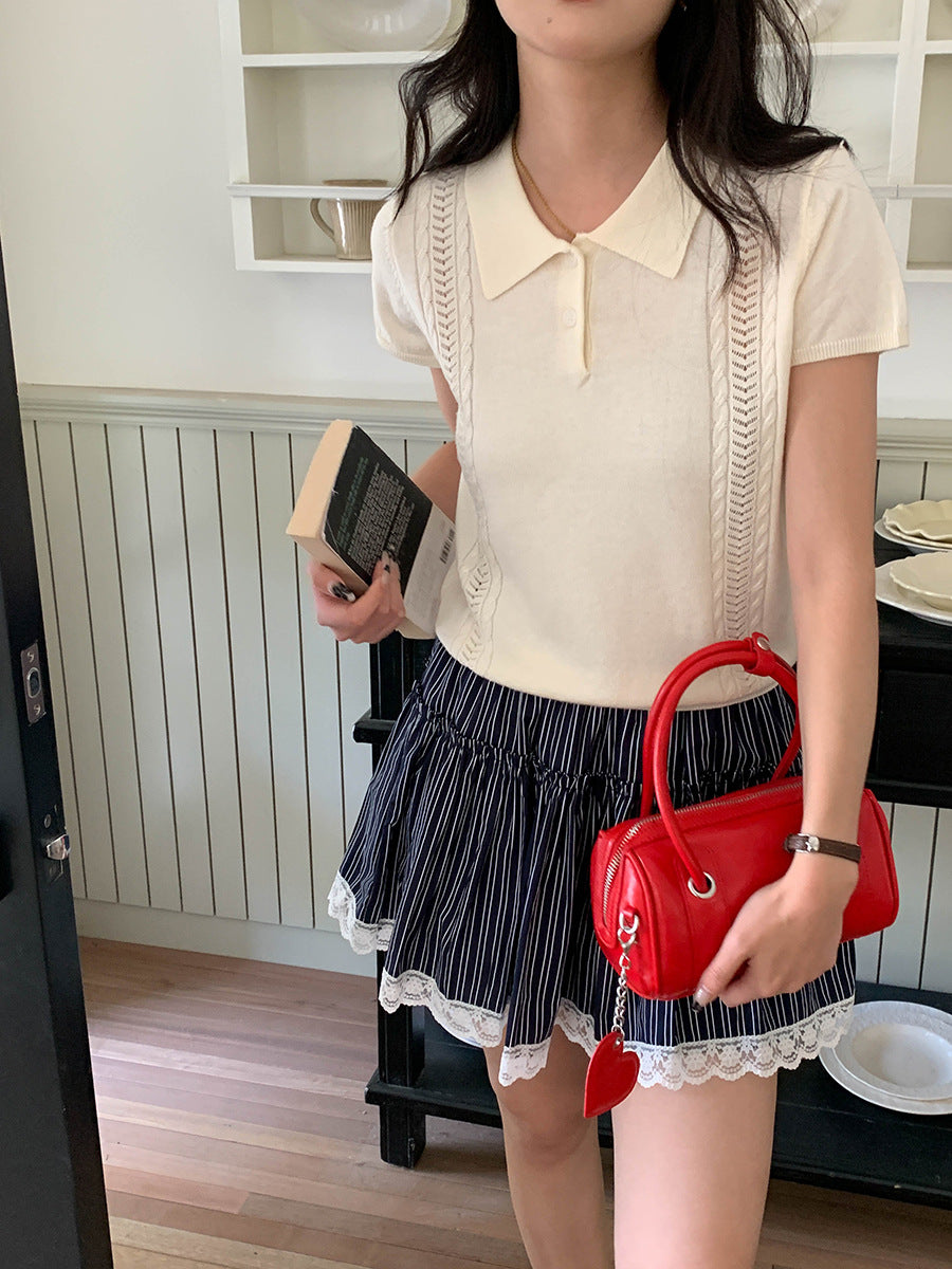 Korean Polo-Collar Cable-Texture Knit Short-Sleeve Top