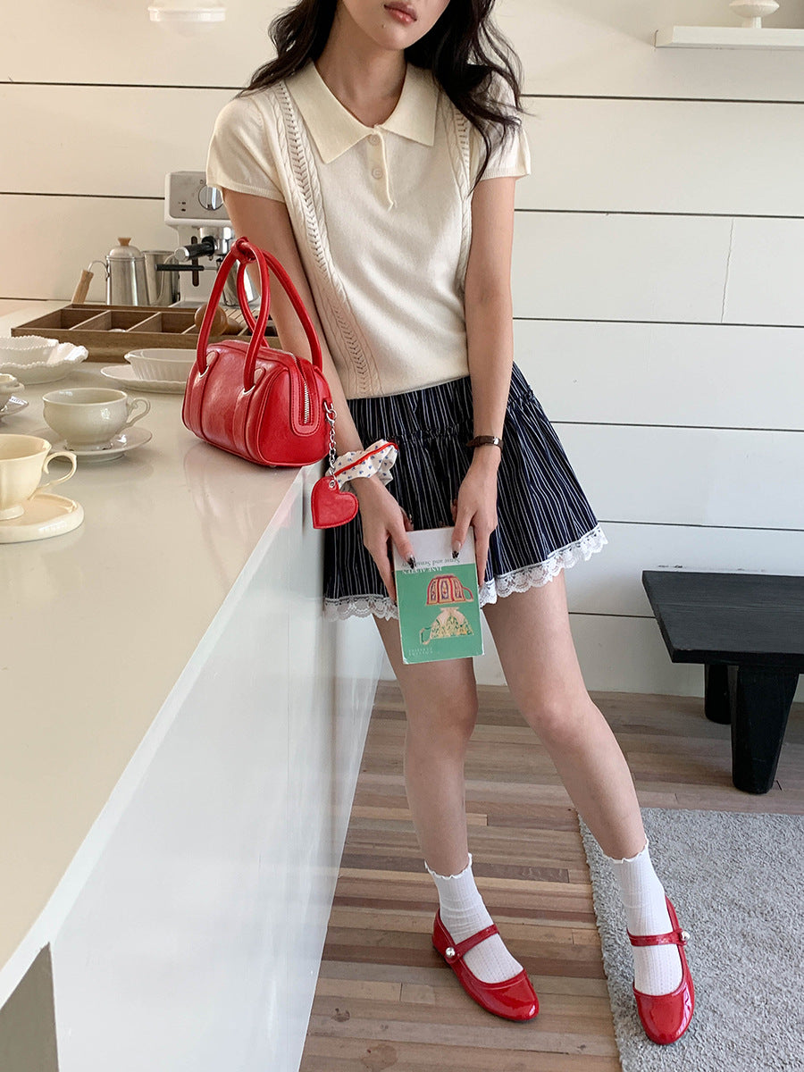 Korean Polo-Collar Cable-Texture Knit Short-Sleeve Top
