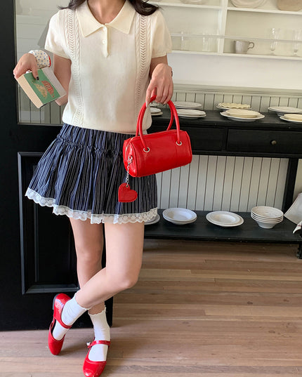 Korean Polo-Collar Cable-Texture Knit Short-Sleeve Top