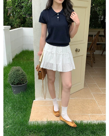 Korean Polo-Collar Cable-Texture Knit Short-Sleeve Top
