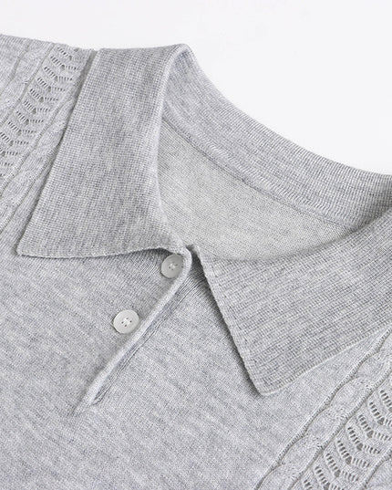 Korean Polo-Collar Cable-Texture Knit Short-Sleeve Top