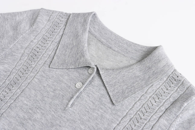 Korean Polo-Collar Cable-Texture Knit Short-Sleeve Top