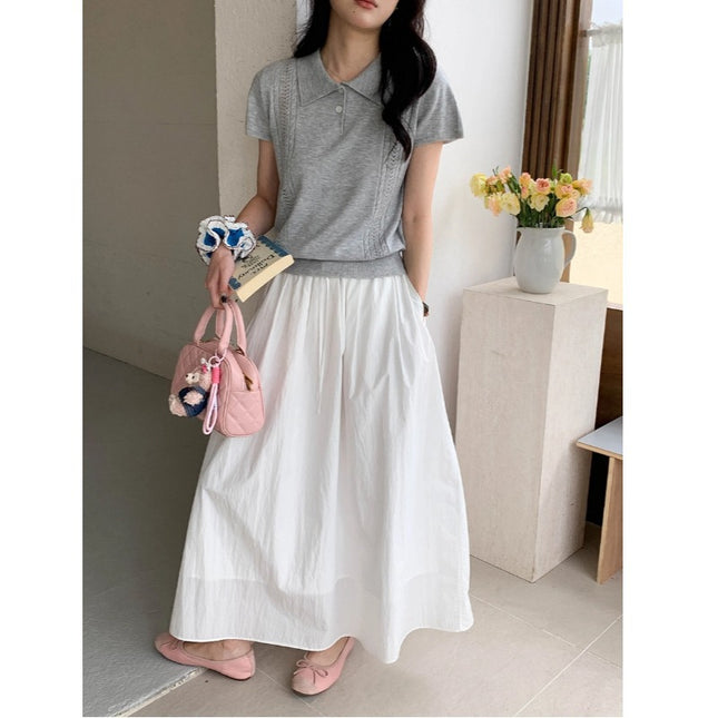 Korean Polo-Collar Cable-Texture Knit Short-Sleeve Top