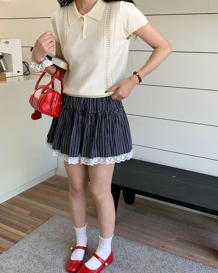 Korean Polo-Collar Cable-Texture Knit Short-Sleeve Top