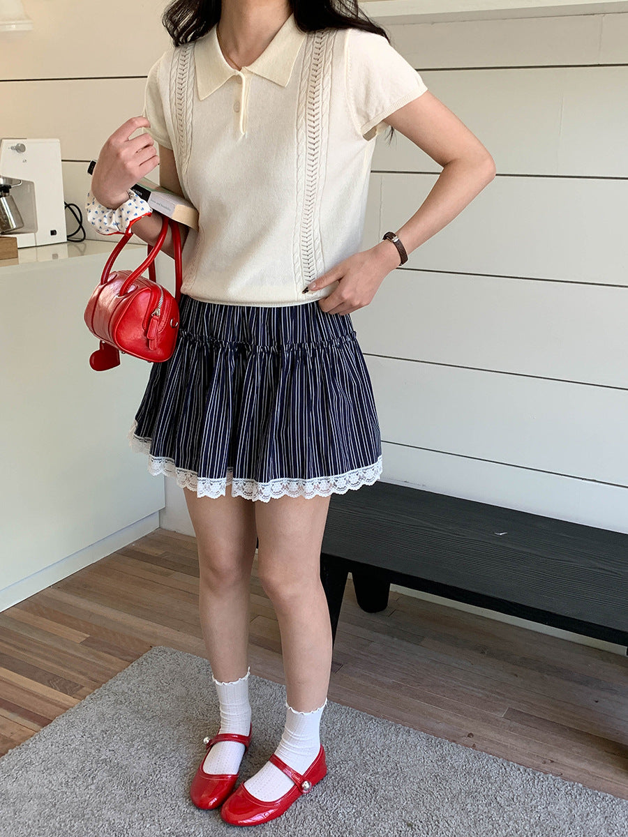 Korean Polo-Collar Cable-Texture Knit Short-Sleeve Top