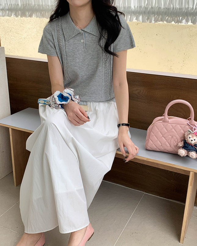 Korean Polo-Collar Cable-Texture Knit Short-Sleeve Top