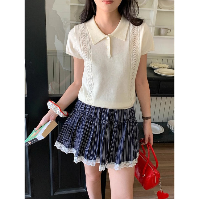 Korean Polo-Collar Cable-Texture Knit Short-Sleeve Top