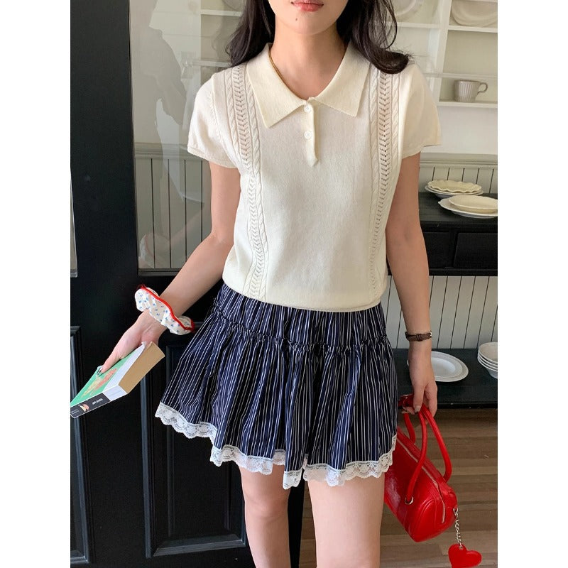 Korean Polo-Collar Cable-Texture Knit Short-Sleeve Top