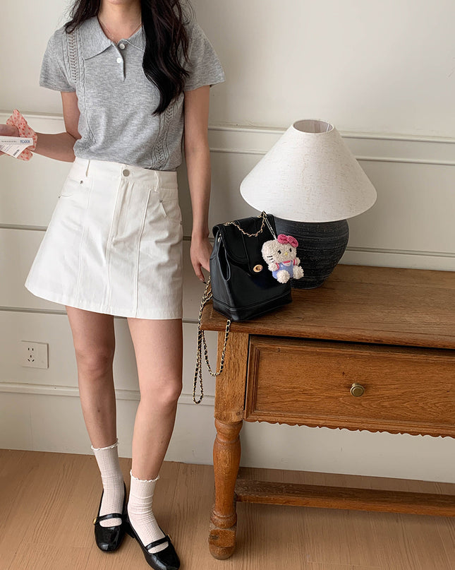 Korean Polo-Collar Cable-Texture Knit Short-Sleeve Top
