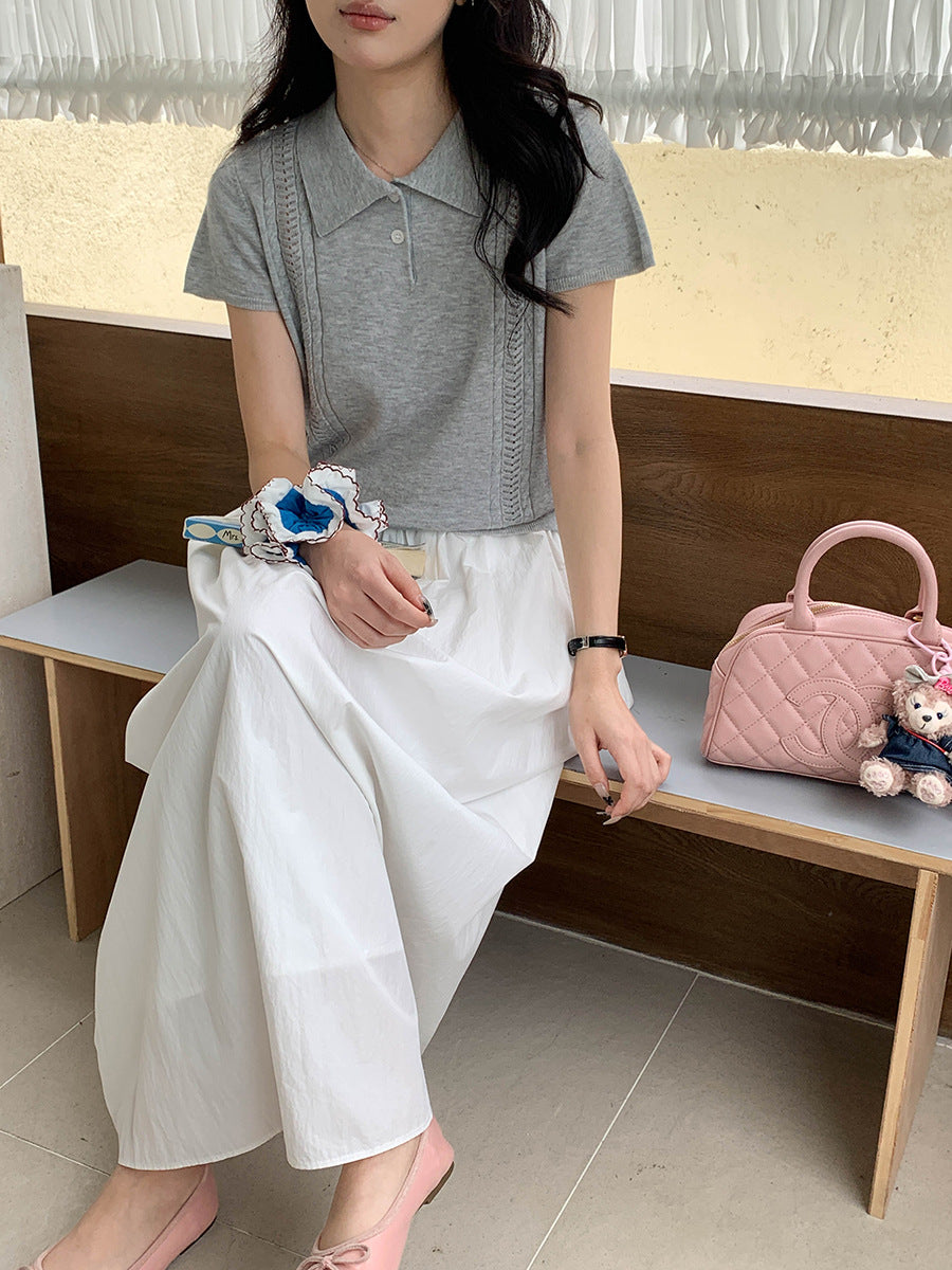 Korean Polo-Collar Cable-Texture Knit Short-Sleeve Top