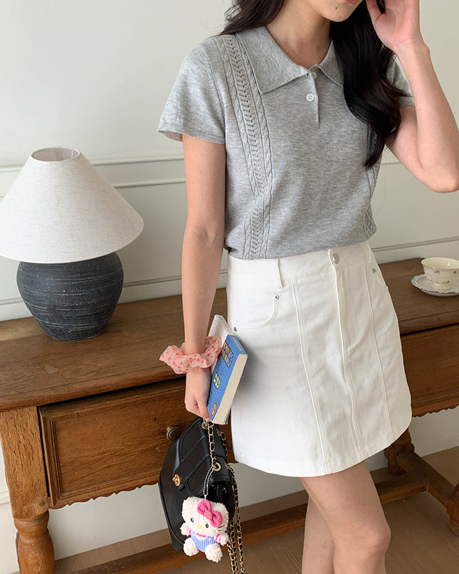 Korean Polo-Collar Cable-Texture Knit Short-Sleeve Top