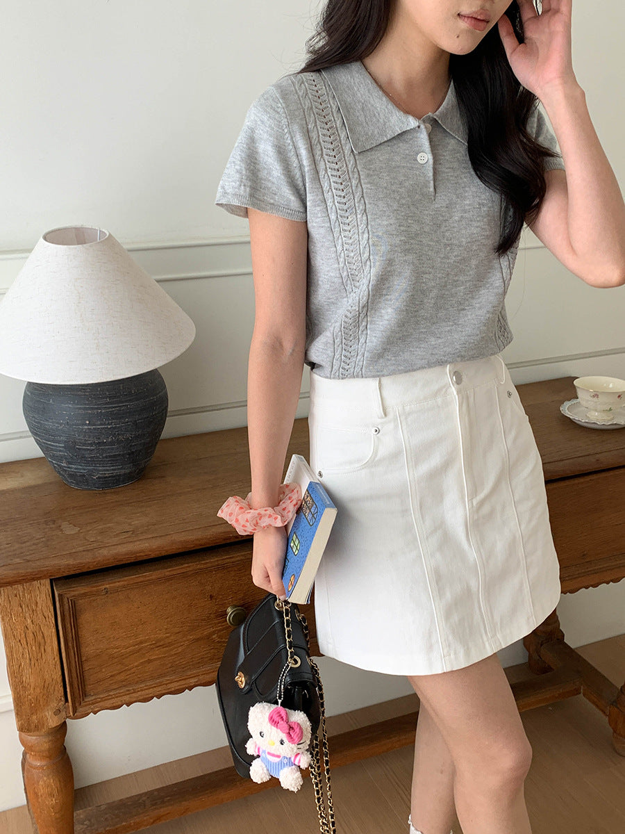 Korean Polo-Collar Cable-Texture Knit Short-Sleeve Top