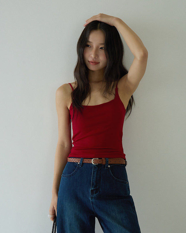 Slim-Fit Low-Neck Padded Spaghetti Strap Tank Top