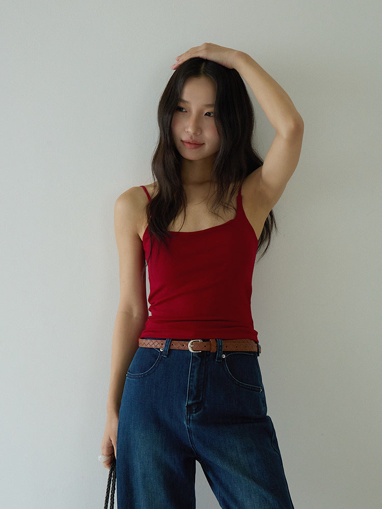 Slim-Fit Low-Neck Padded Spaghetti Strap Tank Top