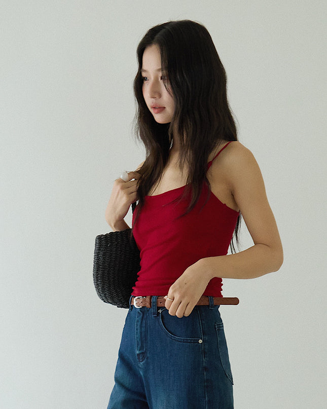 Slim-Fit Low-Neck Padded Spaghetti Strap Tank Top