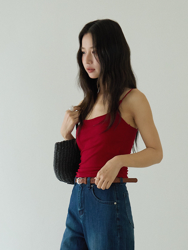 Slim-Fit Low-Neck Padded Spaghetti Strap Tank Top