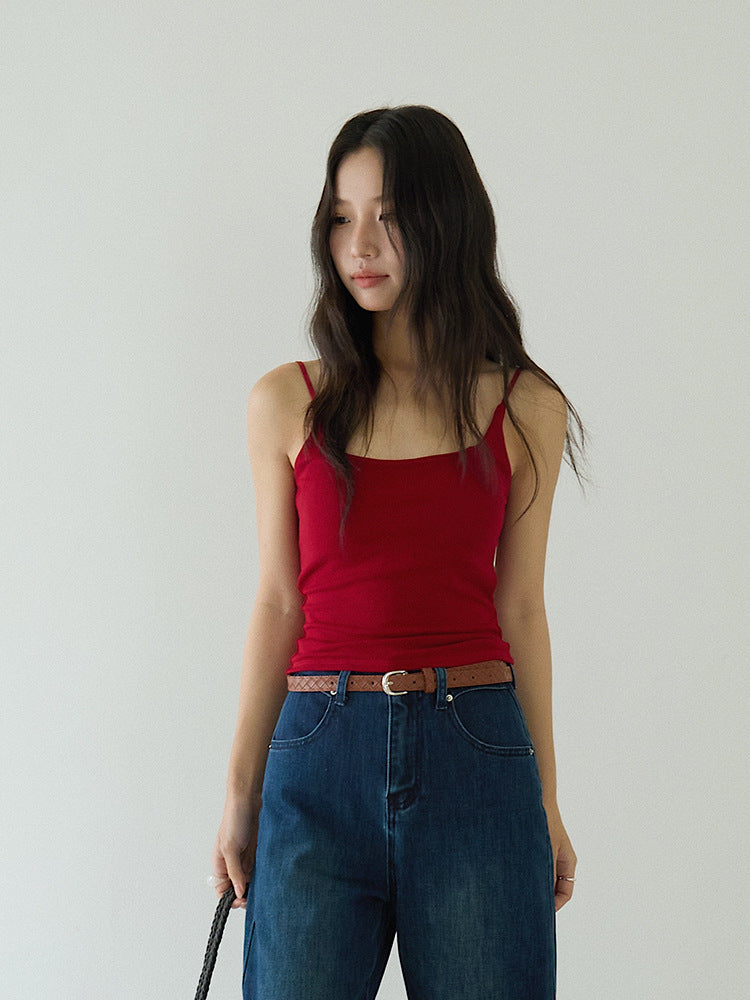 Slim-Fit Low-Neck Padded Spaghetti Strap Tank Top