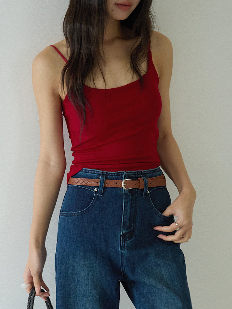 Slim-Fit Low-Neck Padded Spaghetti Strap Tank Top